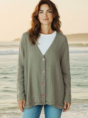 Women's Blazer Linen Cardigan Hot Cotton Sage Embroidered Hem Button Down Large